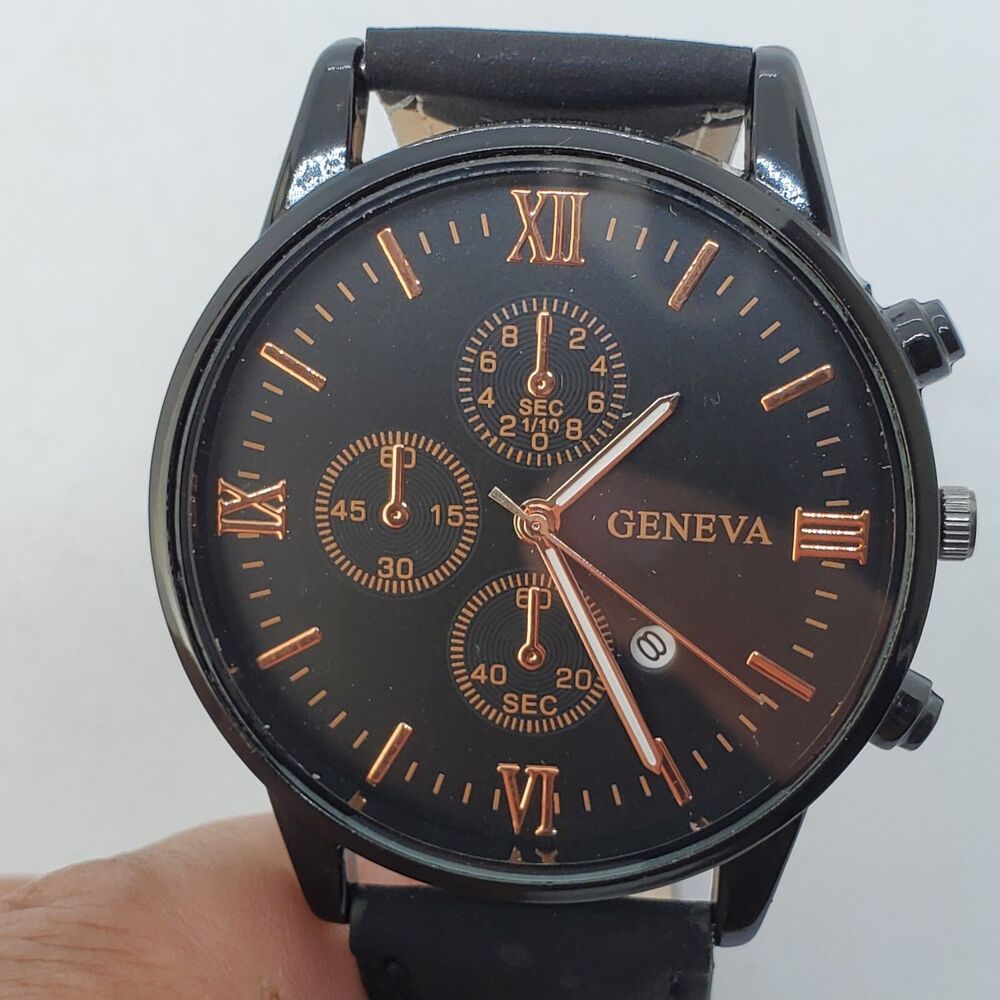 Men's Watch 42MM Black Dial Case Date Black Leather‎ Bands Analog Watch